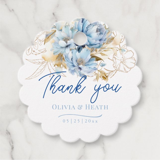 Étiquettes Cadeau Dusty Blue Floral Mariage or (Devant)