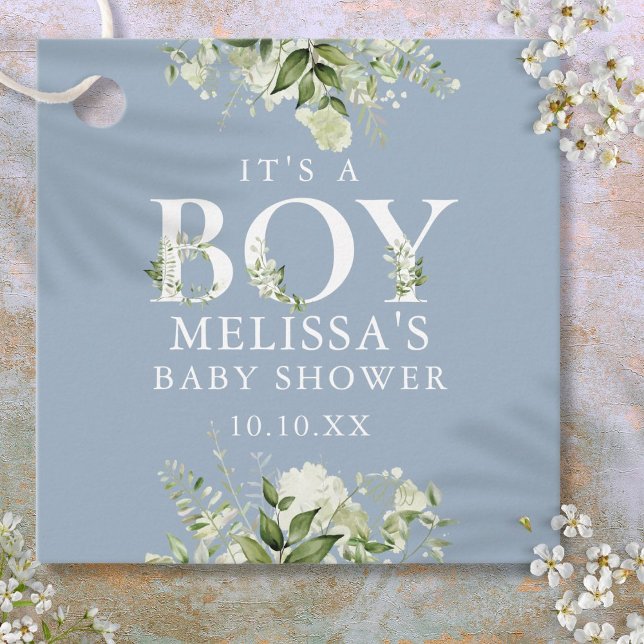 Étiquettes Cadeau Dusty Blue Greenery Floral Son Baby shower Garçon (Dusty Blue Greenery Floral Its A Boy Baby Shower Favor Tags)