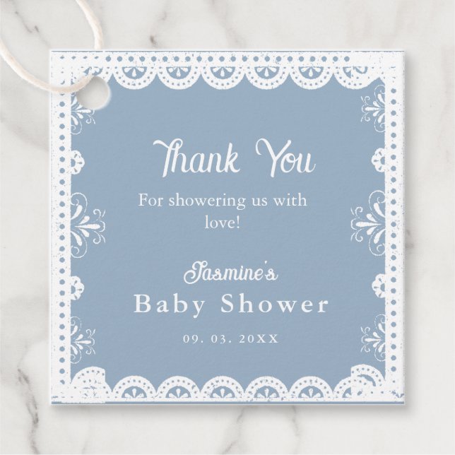 Étiquettes Cadeau Dusty Blue mexicaine baby shower papillon picado (Devant)