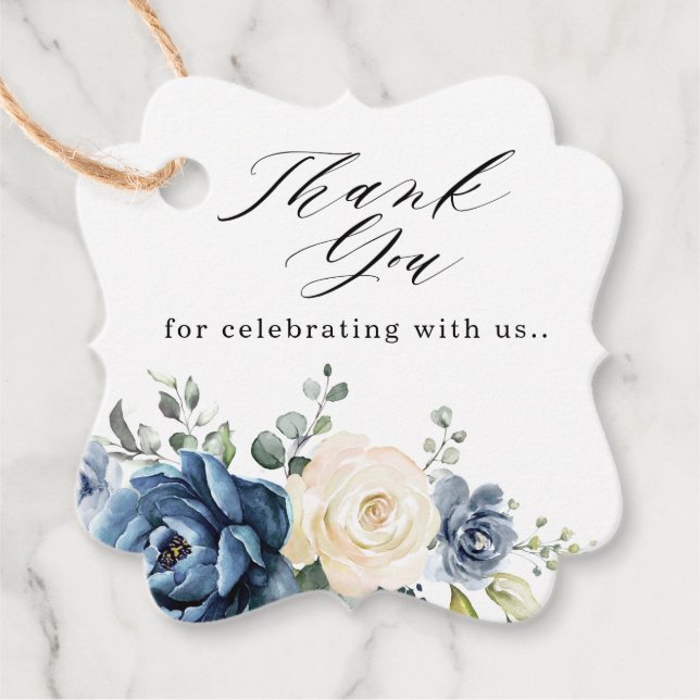 Étiquettes Cadeau Dusty Blue Navy Champagne Ivory Floral Mariage (Devant)
