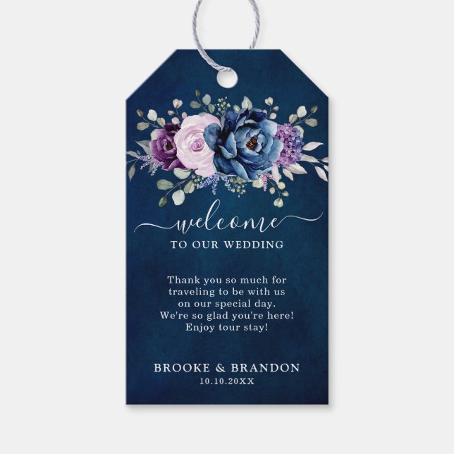 Étiquettes-cadeau Dusty Blue Purple Navy Lilac Bloom Mariage Bienven (Devant)