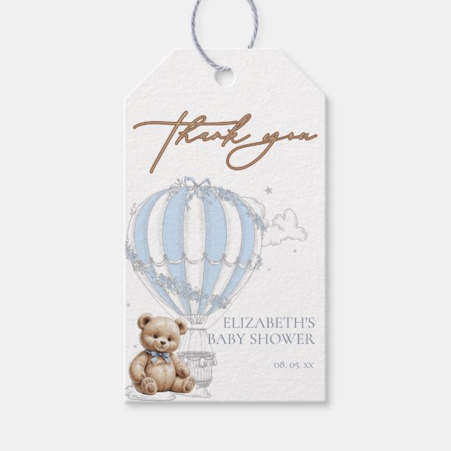 Étiquettes-cadeau Dusty Blue Toile Hot Air Balloon Bear Merci (Devant)