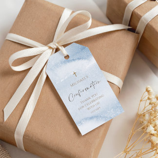 Étiquettes-cadeau Dusty Blue Watercolor Boy Confirmation Favor Tag