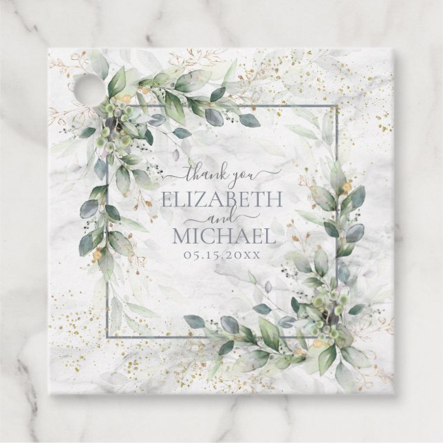 Étiquettes Cadeau Dusty Botanical Greenery Gold Marble Mariage (Devant)