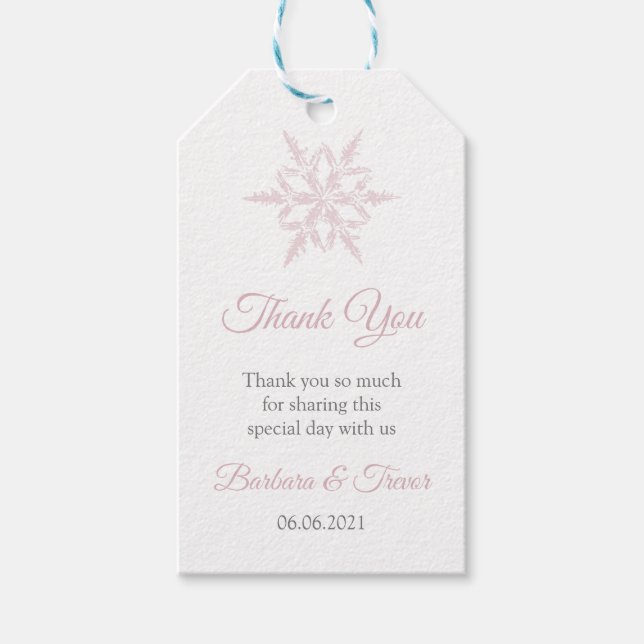 Étiquettes-cadeau Dusty Pink Snowflakes Merci de mariage hivernal (Devant)