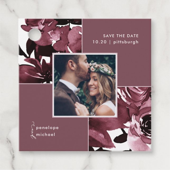 Étiquettes Cadeau Dusty Rose Floral Photo Enregistrer la date (Devant)