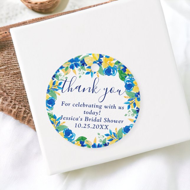 Étiquettes Cadeau Eau florale aquarelle de citrons jaunes bleus douc (Blue yellow lemons floral watercolor bridal shower favor tags)