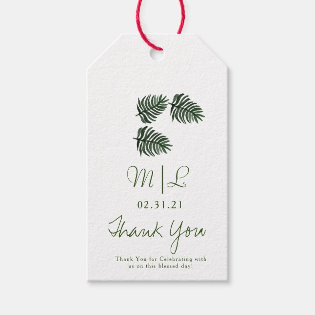 Étiquettes-cadeau Eco Friendly Mariage Main Aquarelle Palm Vert (Devant)