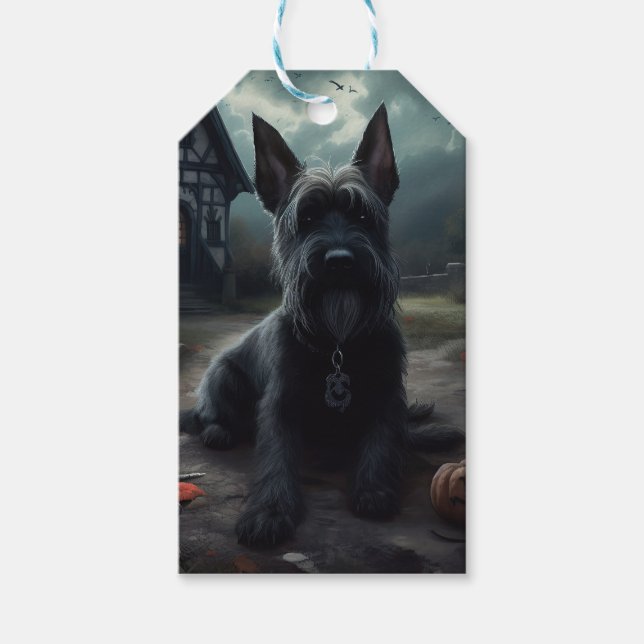 Étiquettes-cadeau Ecosse Terrier Citrouille Halloween effrayant (Devant)