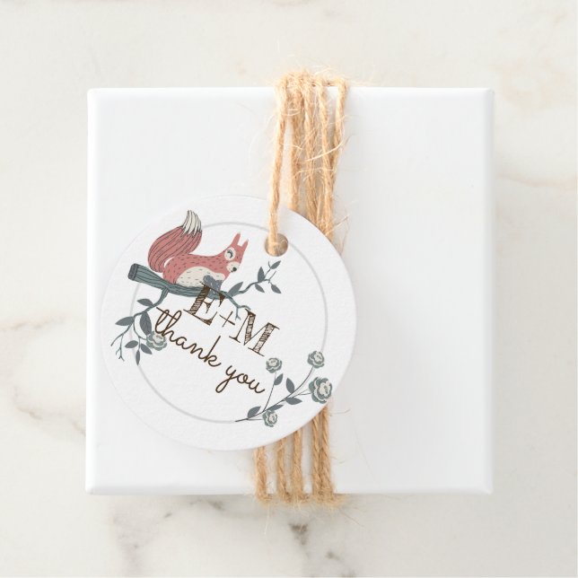 Étiquettes Cadeau Écureuil rustique Kraft Monogramme Merci (En situation)