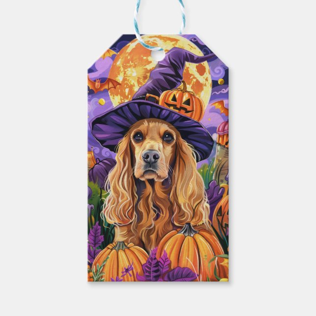 Étiquettes-cadeau Éffrayant Cocker Spaniel Dog Halloween Witch Citro (Devant)