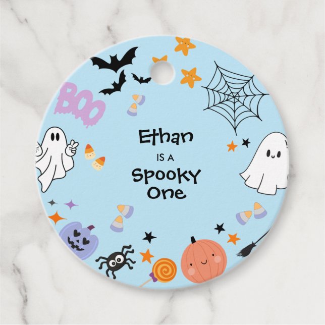 Étiquettes Cadeau Éffrayant One Blue Halloween 1er Anniversaire Favo (Devant)