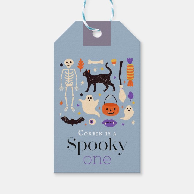 Étiquettes-cadeau Éffrayant Un Halloween Motifs Bleu 1er anniversair (Devant)
