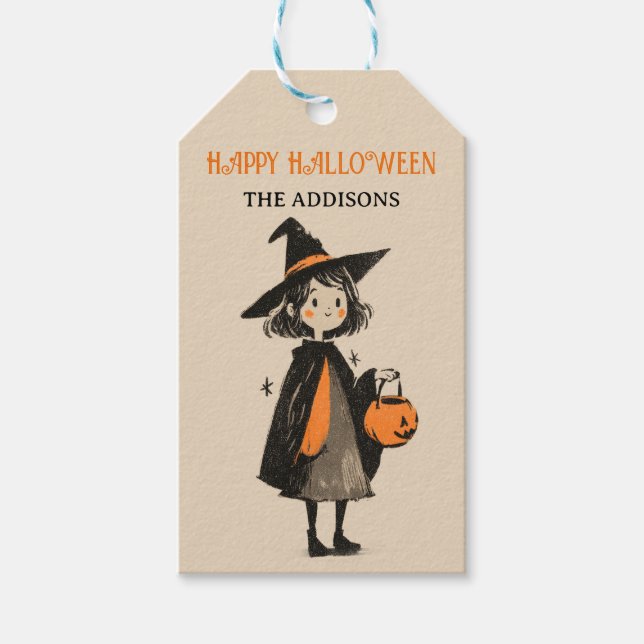 Étiquettes-cadeau Éffrayante sorcière fille Trick ou traiter Hallowe (Devant)