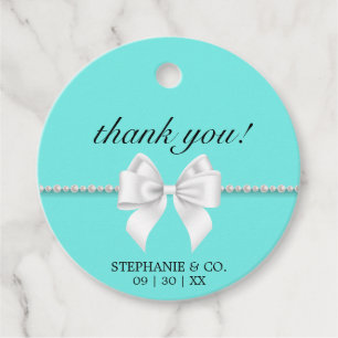Étiquettes Cadeau Élégant Aqua Turquoise Blanc Ruban Tiffany Merci