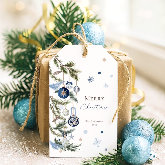 Étiquettes-cadeau Elégant Aquarelle Bleu Blanc Ornement de Noël (Créateur téléchargé)