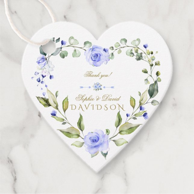 Étiquettes Cadeau Elégant Aquarelle bleu Fleurs Mariage de couronnes (Devant)