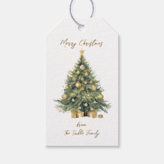 Étiquettes-cadeau Elégant Arbre Aquarelle Or Glitterie Neige (Devant)