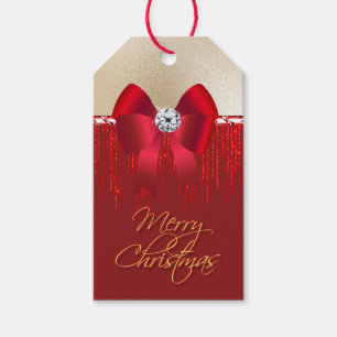 Étiquettes-cadeau Elégant arc en satin rouge sur Noël or