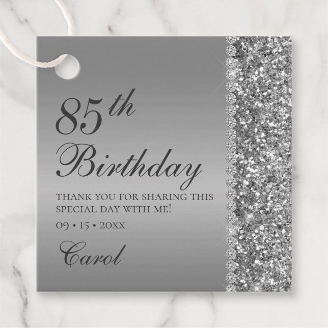 Étiquettes Cadeau Elégant Argent 85e anniversaire Merci de fête (Devant)