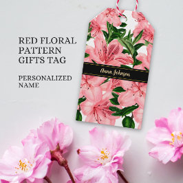 Étiquettes-cadeau Élégant Arrière - plan Floral Rouge Nom et logo de