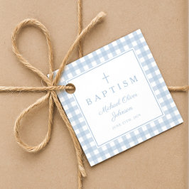 Étiquettes Cadeau Elegant Baby Blue Gingham Boy Baptism Thank You