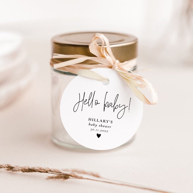 Étiquettes Cadeau Élégant Baby shower de calligraphie Bonjour bébé (Elegant Calligraphy Baby Shower Hello baby Favor Tags)