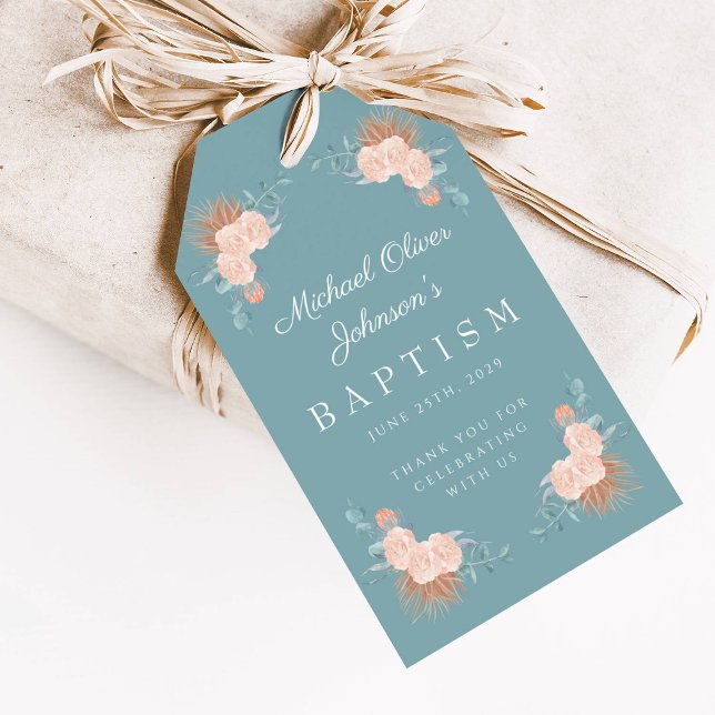 Étiquettes-cadeau Élégant Baptême Floral Vert (Elegant Green Floral Baptism Gift Tags)