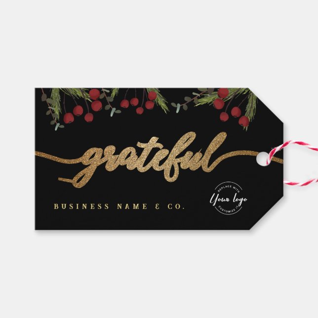 Étiquettes-cadeau Elegant Black Botanical “Grateful” Holiday Custom  (Devant (Horizontal))