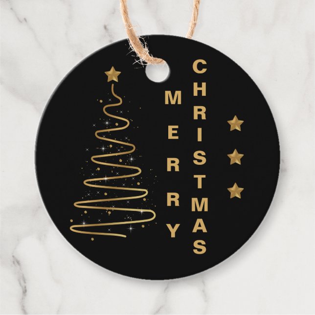 Étiquettes Cadeau Elégant Black Gold Joyeux Noël Arbre Star Cadeau (Devant)