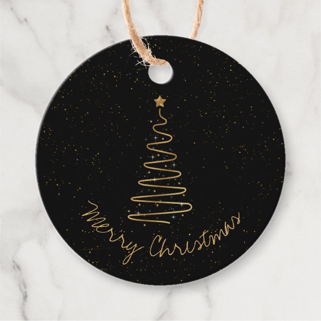 Étiquettes Cadeau Elégant Black Gold Joyeux Noël Arbre Star Cadeau (Devant)