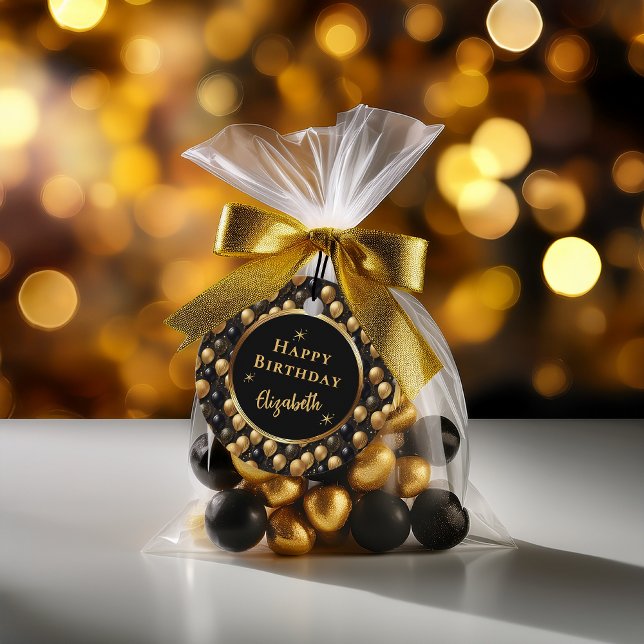 Étiquettes Cadeau Elégant Black Gold Parties scintillant Ballons Mot (Elegant Black and Faux Gold Glitter Balloons Pattern "Happy Birthday" Favor Tags)
