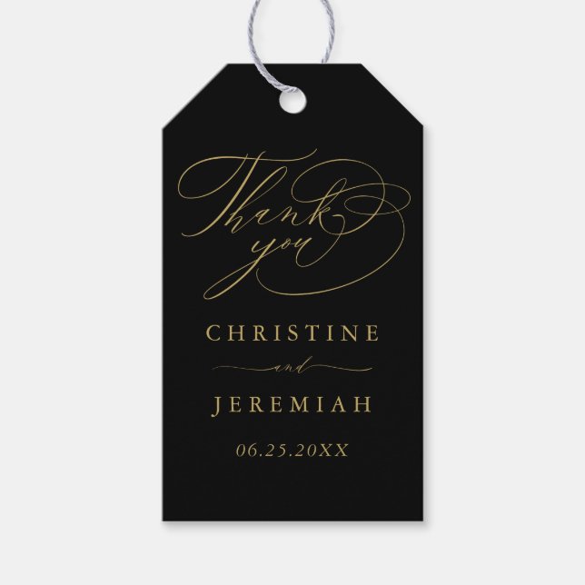 Étiquettes-cadeau Élégant Black Gold Script Noms Mariage Merci (Devant)