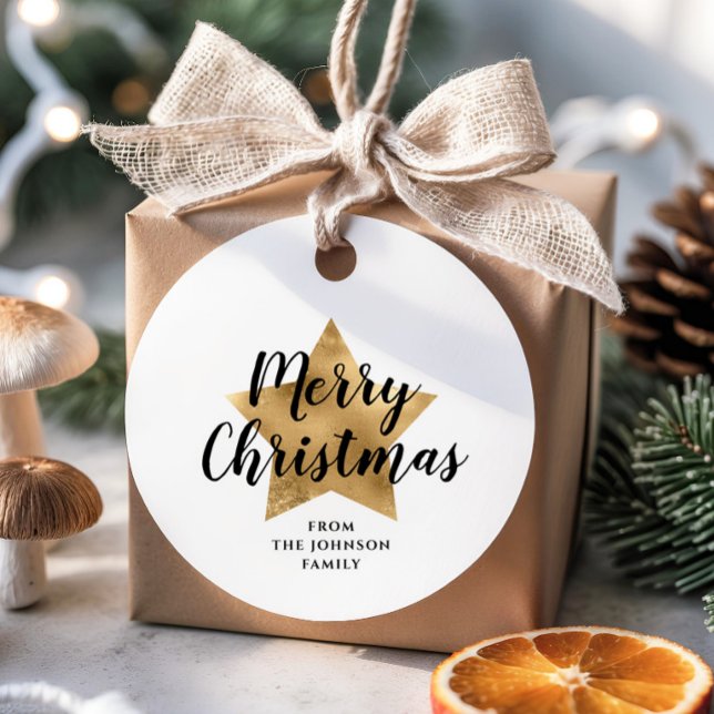 Étiquettes Cadeau Elégant Blanc Faux Gold Star Joyeux Noël (Elegant White Faux Gold Star Merry Christmas Favor Tags)