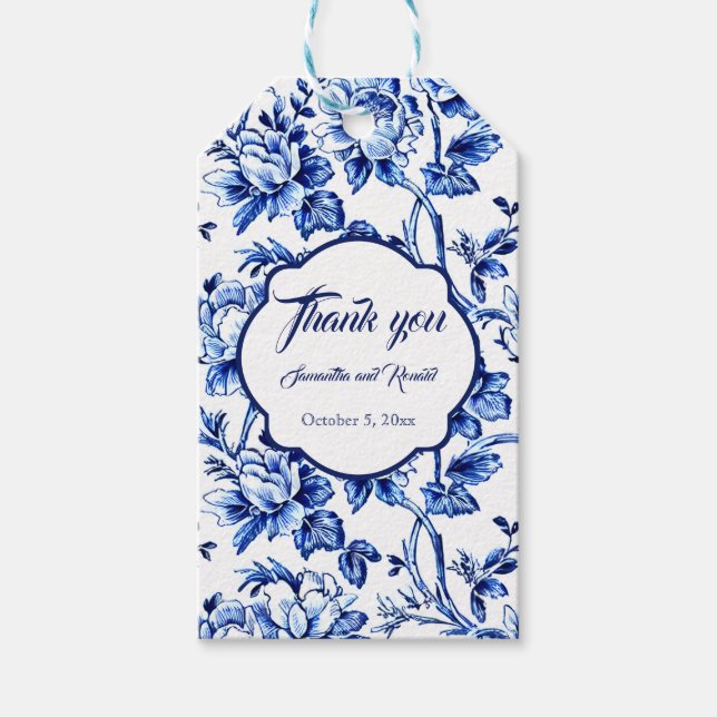Étiquettes-cadeau Elégant bleu blanc Mariage en toile florale (Devant)
