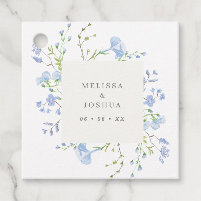 Étiquettes Cadeau Elégant bleu clair aquarelle Florals Mariage (Devant)