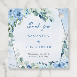Étiquettes Cadeau Elégant bleu douce aquarelle floral argent mariage