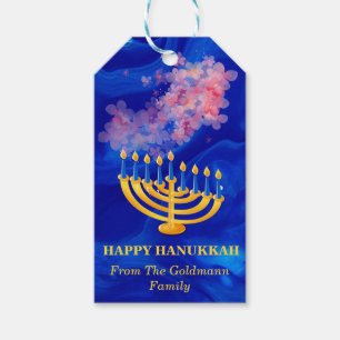 Étiquettes-cadeau Elégant Bleu Et Or Menorah Joyeux Hanoukka