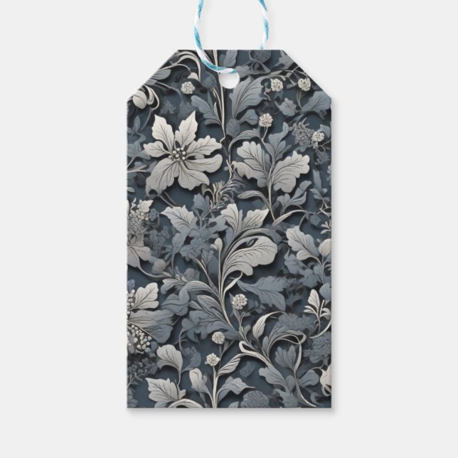 Étiquettes-cadeau Elégant bleu poussiéreux argent blanc gris gris fl (Devant)