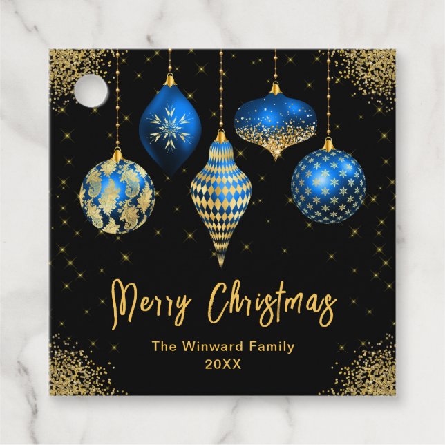 Étiquettes Cadeau Elegant Blue and Gold Ornament Christmas (Devant)