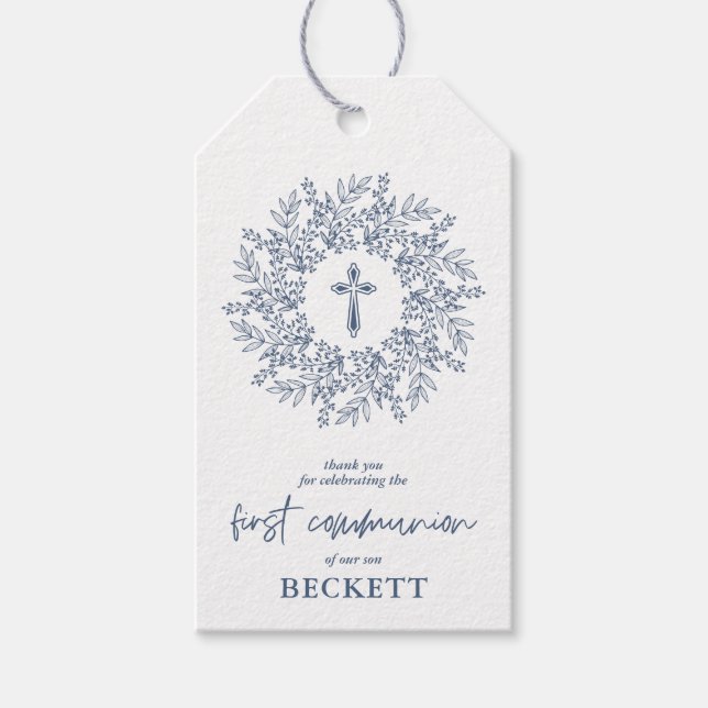 Étiquettes-cadeau Elegant Blue Cross Boy First Communion Favor (Devant)