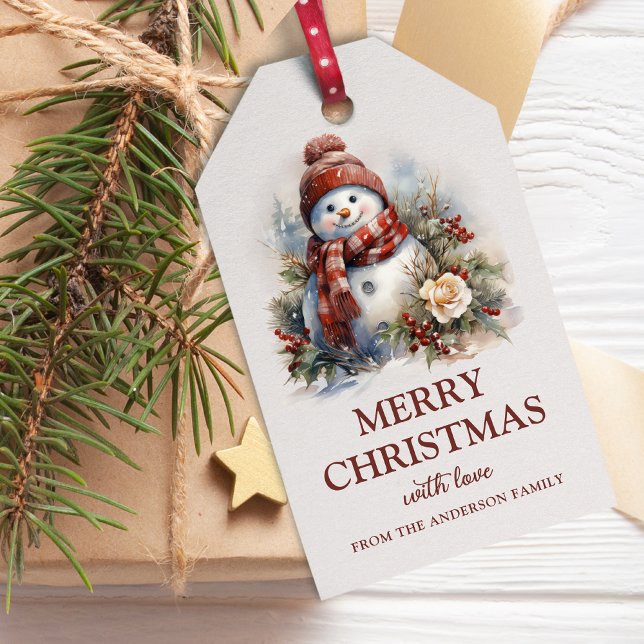 Étiquettes-cadeau Élégant bonhomme de neige de Noël Floral (Créateur téléchargé)