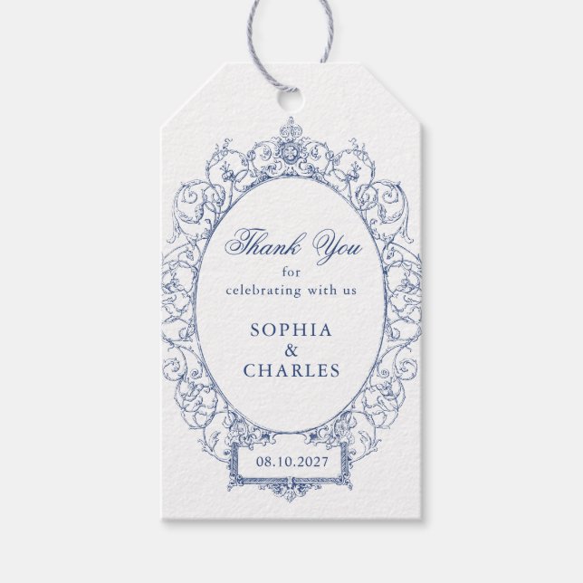 Étiquettes-cadeau Elégant cadre ornemental Floral Mariage Royal Blue (Devant)