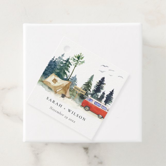 Étiquettes Cadeau Élégant Camping Aquarelle Pine Mariage (En situation)