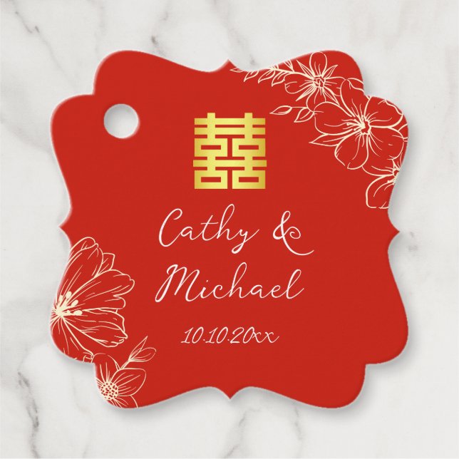 Étiquettes Cadeau Élégant chinois moderne script floral mariage roug (Devant)