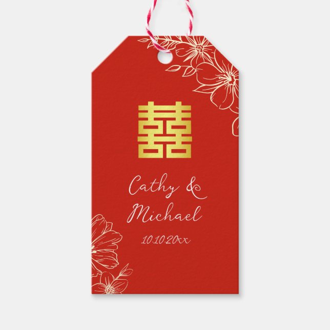 Étiquettes-cadeau Élégant chinois moderne script floral mariage roug (Devant)