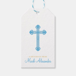 Étiquettes-cadeau élégant CHRISTENING ou BAPTISM croix bleue faveu