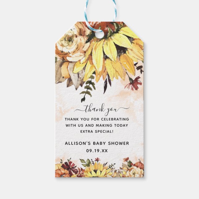 Étiquettes-cadeau Élégant Citrouille floral | MERCI BABY SHOWER (Devant)