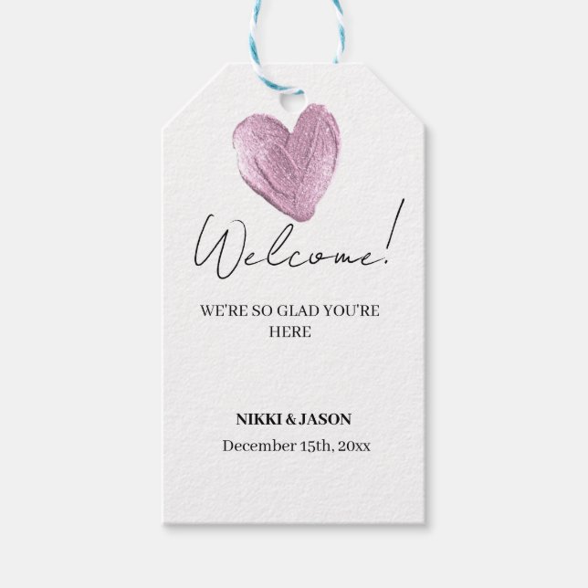 Étiquettes-cadeau Élégant Coeur rose brillant Mariage minimal Accuei (Devant)