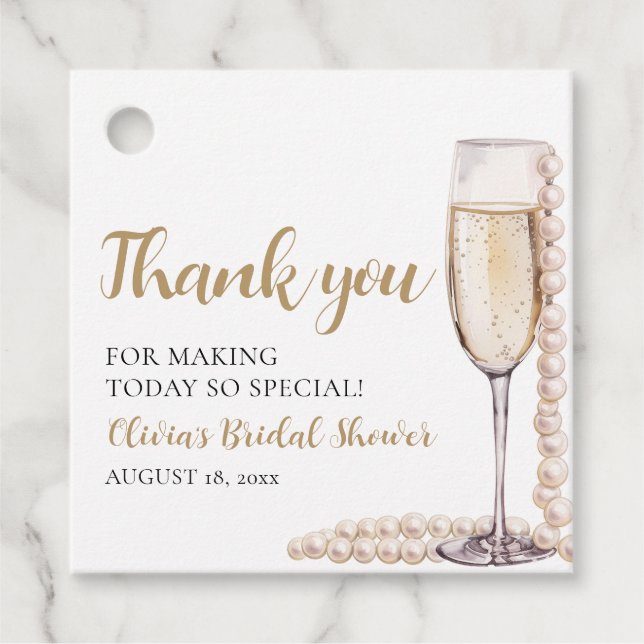 Étiquettes Cadeau Élégant Collier de Perles et Prosecco pour Enterre (Devant)